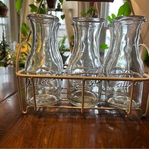 Jall $ Co full set 6 Glass Milk Bottles with Metal Carrier